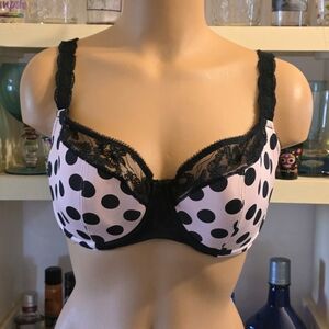 Cacique Bra 38-DD Pink And Black Polka-dot Black Lace Trim Lined Underwire EUC